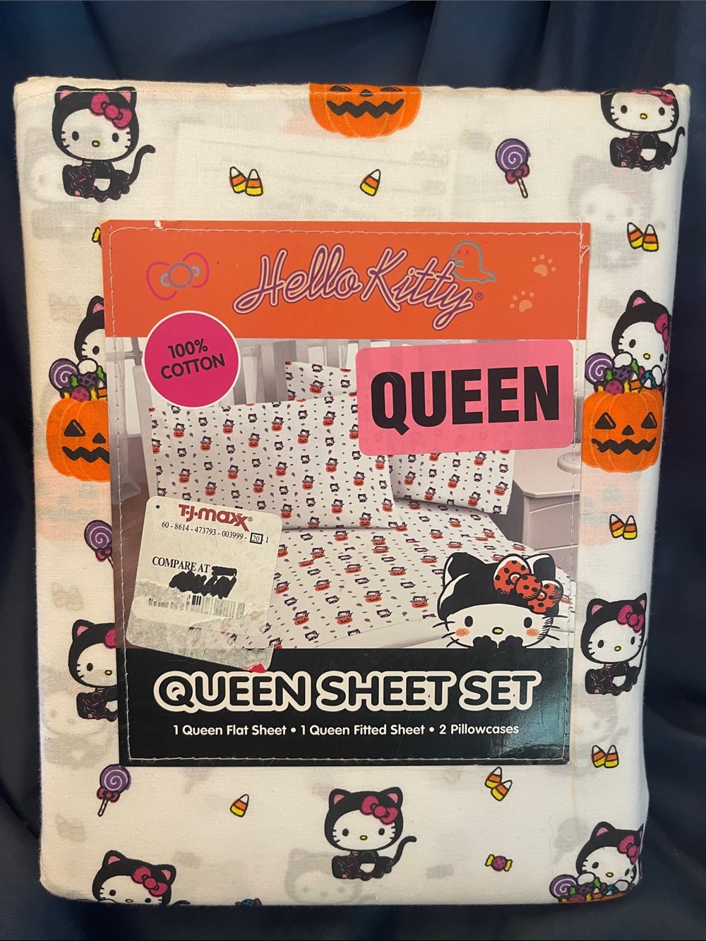 Hello Kitty Queen Sheet Set - White with Pumpkins and Candy